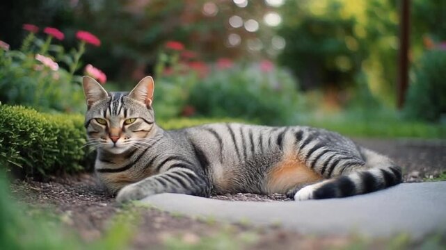 Cat lying on garden path with flowers and bushes in background, relaxing outdoors