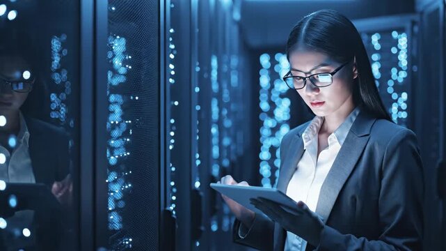 asian female it specialist working with tablet in server room. data center storage hardware. cloud computing, cyber security, network administration.