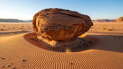 Unique mushroom-shaped rock formation dramatically illuminated by warm desert sunlight sitting upon wind-rippled orange sand dunes under a clear blue sky.