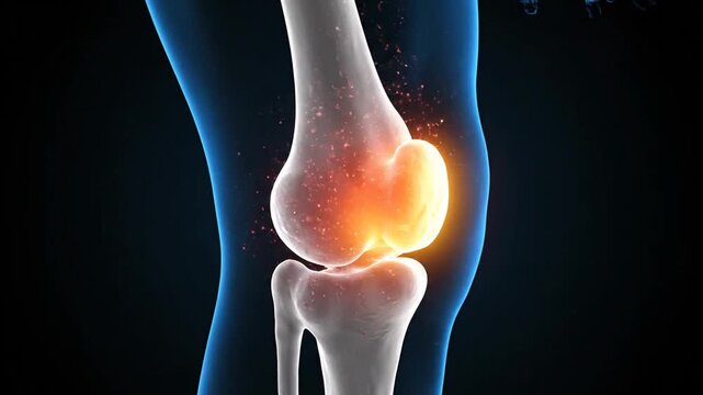 Medical illustration of a knee joint highlighting cartilage, bones, and inflammation.