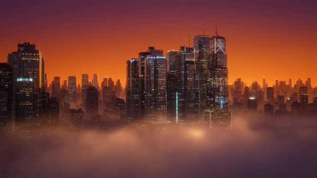 Wide cinematic shot of a dense megacity skyline at night covered in light pollution