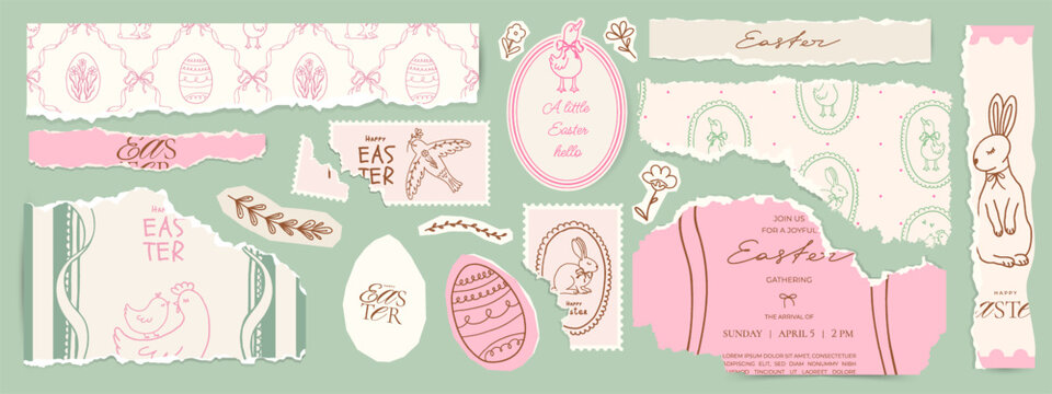 Easter scrapbook torn paper set. Retro paper decor. Scraps of holiday vintage wrapping paper, postcards, postage stamps. Vector design template for design collage