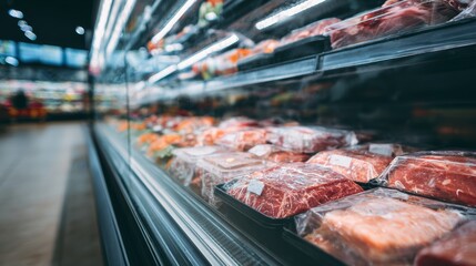 Supermarket meat section with refrigerated display shelves perspective