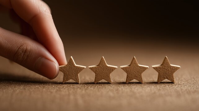 Online Customer Review and Five Star Rating Concept with Hands placing four Stars on the table, horizontal