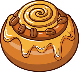 Sticky bun top view, caramel glaze dripping, pecan toppings, simple flat vector icon, bold outline, minimal shading, isolated on white background
