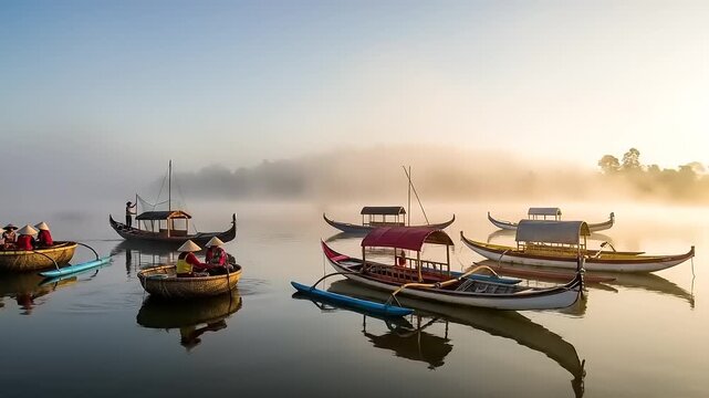 Sunrise over U Bein Bridge with boats on the lake.