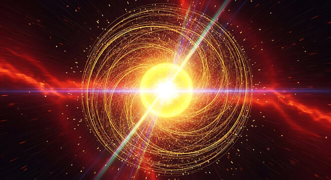 a luminous cosmic core radiating light enveloped by golden swirls and dynamic beams depicting abstract physics and technology.