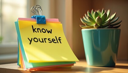 Fototapeta premium Sticky notes with know yourself message sit near potted succulent plant on desk. Bright natural light illuminates office workspace. Self-reflection and growth concept.