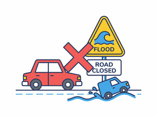 Flood Warning Road Closed Sign and Cars. Vector Illustration. EPS Editable