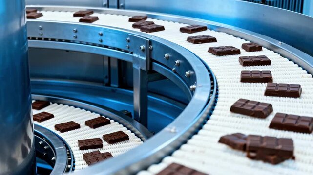 Medium shot of a spiral industrial cooling tunnel with chocolate pieces moving steadily on conveyor belts under precise temperature and humidity control.