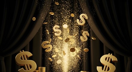A cascade of gold dollar signs illuminating a dark stage with curtains.