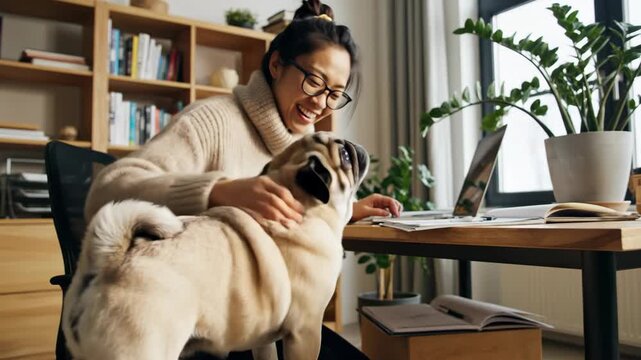portrait of cute pug dog looking at camera while asian woman works on laptop in background. remote work from home with pet companion. freelance business lifestyle, cozy home office