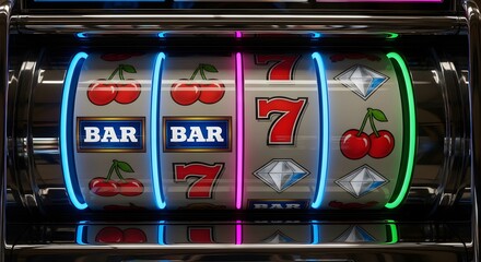 A vibrant slot machine with cherries, bars, and a lucky seven symbol.