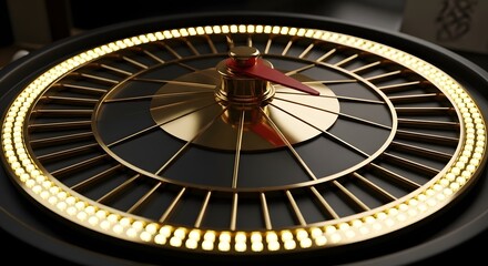 A close-up view of a roulette wheel with a single chip on the center