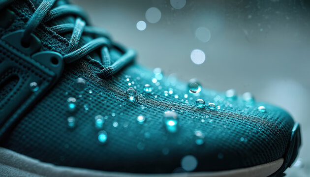 Teal shoe material shows water droplets beading on its surface. Fabric displays hydrophobic qualities, repelling liquid for outdoor sports gear.