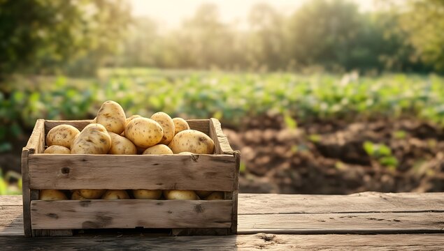 A wooden crate filled with potatoes on a rustic table in a farm setting