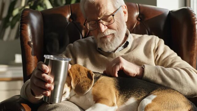 senior caucasian man with beard holding coffee tumbler and petting sleeping beagle dog on lap in armchair. relaxing break during remote work at home. elderly lifestyle, cozy retirement