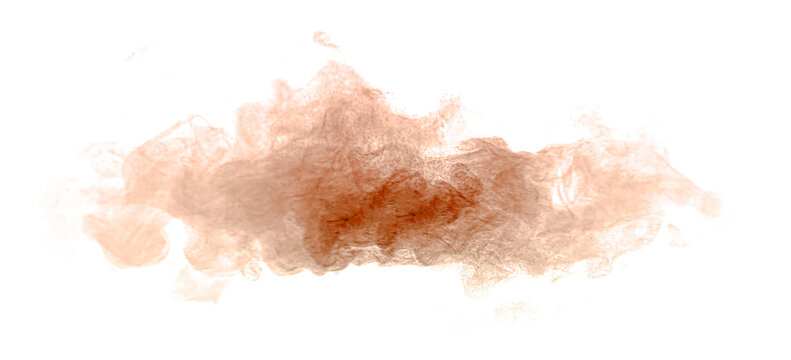 Abstract brown dust cloud isolated on white background, soft powder explosion texture with floating particles, dynamic sand splash effect for design use, representing natural, cosmetic and organic.
