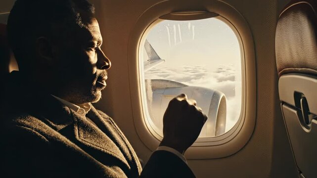 Passenger points at clouds through airplane window. Man enjoys flight view from window seat. Airplane passenger watches sunset wing. Man travels on airplane flight. Passenger looks at window view.