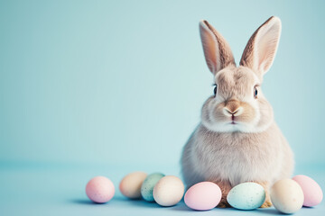 Obraz premium Adorable Easter bunny and pastel colored eggs on the blue background with space for text or design