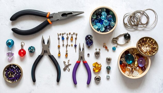 Flatlay mit Glasperlen und Schmuckzubeh&ouml;r