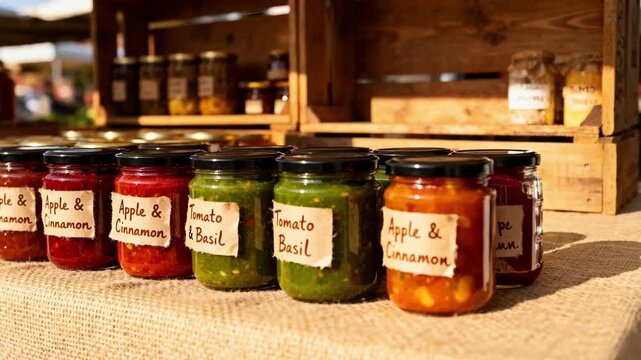 Close medium view of artisanal chutneys displayed in uniform rows at an outdoor market emphasizing rustic labels and diverse flavor profiles.