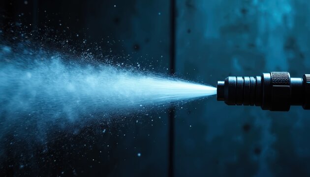 High pressure washer nozzle sprays fine water mist in dynamic cleaning action. Device creates powerful jet for precise industrial fluid application on dark background. Water stream motion.