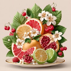 Fresh mixed fruits and flowers decorative botanical high resolution picture