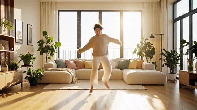Joyful young woman leaps with excitement in a bright modern living room bathed in warm sunlight showcasing a comfortable and stylish interior design aesthetic