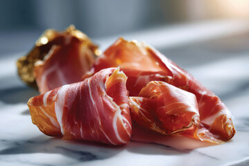 An artful arrangement of beautifully sliced ham, showcasing its glistening texture and colors, designed to captivate culinary enthusiasts.