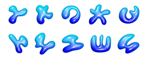 Obraz premium Abstract 3D blue liquid shapes set, glossy bubble blobs with vibrant gradient isolated on white.