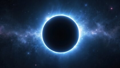 Obraz premium Dark planet obscures sun during solar eclipse. Bright blue corona emanates from object edge against starry nebula. Cosmic event unfolds in deep space.