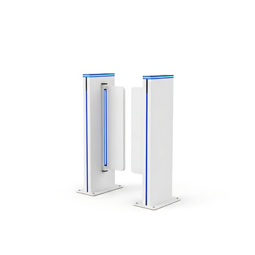 Modern white security turnstile gates with blue LED lights, isolated on white background. Access control, entry, exit, modern technology, safety, security.