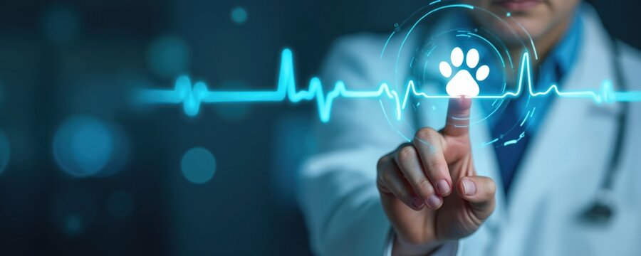Vet touches glowing paw print on digital heartbeat line. Futuristic interface shows pet wellness data and health monitor. Animal care tech interface.