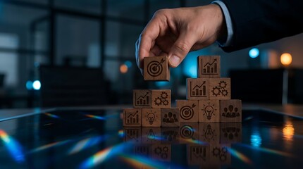 Businessman building strategy with wooden blocks in modern office