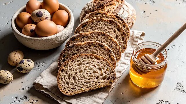 Sliced multigrain bread farm eggs and honey rustic still life composition