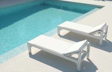 Obraz premium Two white sun loungers rest by clear blue pool water on a sunny day. Empty chairs invite relaxation and summer leisure by modern resort. Serene outdoor space awaits.