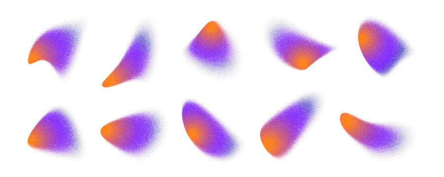 Abstract grainy gradient shapes set, purple and orange stipple texture blobs, retro futuristic organic elements isolated on white.