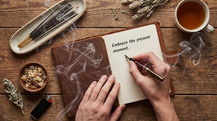 Flat Lay of Hands Writing in Vintage Leather Bound Journal Surrounded by Ethereal Incense Smoke