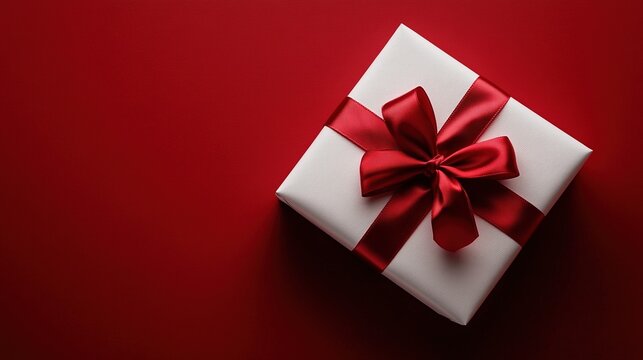 white gift box with a red ribbon on it, placed against a vibrant crimson background, warmth and celebration atmosphere, backdrop or texture in various creative projects