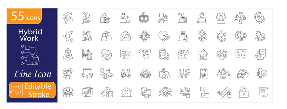 Hybrid Icons Set, Mixed Technology, Hybrid Work Model, Electric Hybrid Vehicle, Cloud Integration, Flexible System, Innovation Concept, Editable Stroke Vector Illustration.