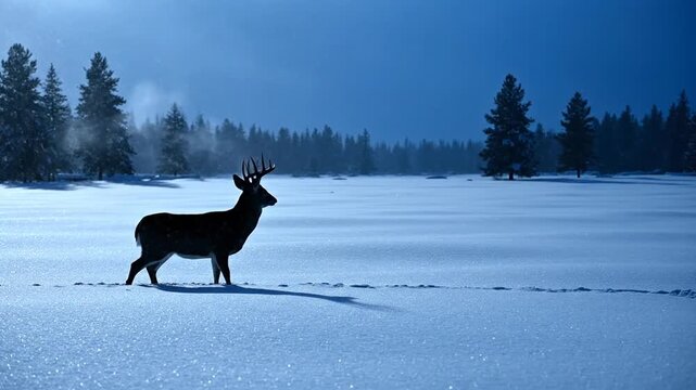 Majestic buck silhouetted against a snowy winter landscape antlers raised in a dramatic pose under a cool blue light a symbol of wilderness and resilience