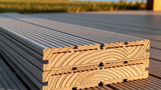 Medium shot of grooved composite decking boards stacked neatly highlighting texture and pattern for outdoor patio use.