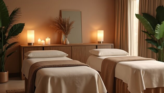 Two clean massage beds with pillows and blankets in a spa room. Soft ambient lighting, candles, and plants create a peaceful atmosphere. The serene decor enhances relaxation and well being.