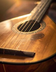 Fototapeta premium Close Up Of A Warmly Lit Wooden Acoustic Guitar With Intricate Detailing On The Soundhole And Visible Strings