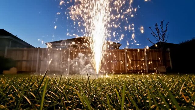 In a tranquil backyard at dusk, vibrant fireworks erupt from the grass, showering glittering sparks into the evening sky. The scene captures the magic of celebration and enjoyment.