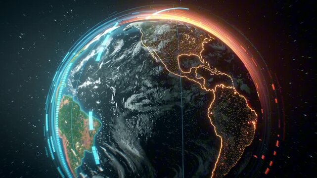 Ultra 4K video, planet Earth floating deep space split contrasting hemispheres lush green forests clean oceans solar farms wind turbines warm sunrise golden flooded cities mas heatmap climate overlays