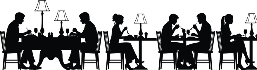 Black and white silhouette illustration of couples dining at restaurant tables with wine glasses, romantic ambiance, elegant table settings, social interaction, formal dinner scene