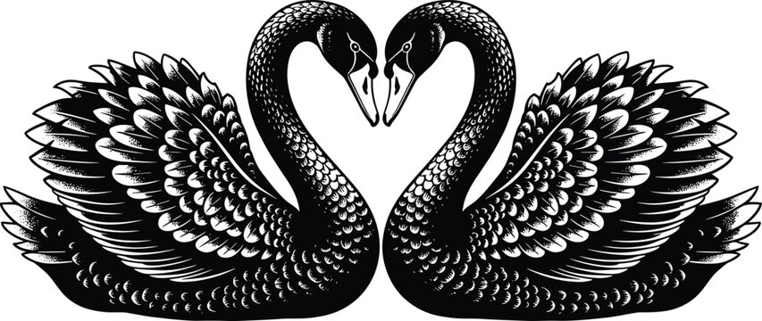 Black and white illustration of two graceful swans facing each other forming a heart shape for wedding, romance, love and elegant nature concepts