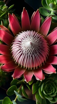 A close up view of a bright pink king protea flower surrounded by green succulent plants